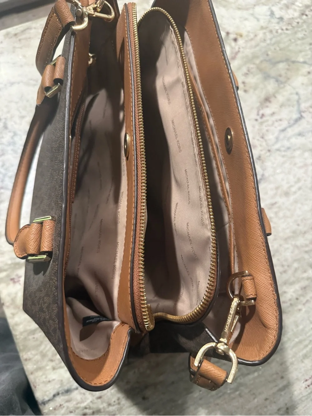Michael Kors Brown & Tan Logo Satchel with Gold MK Charm